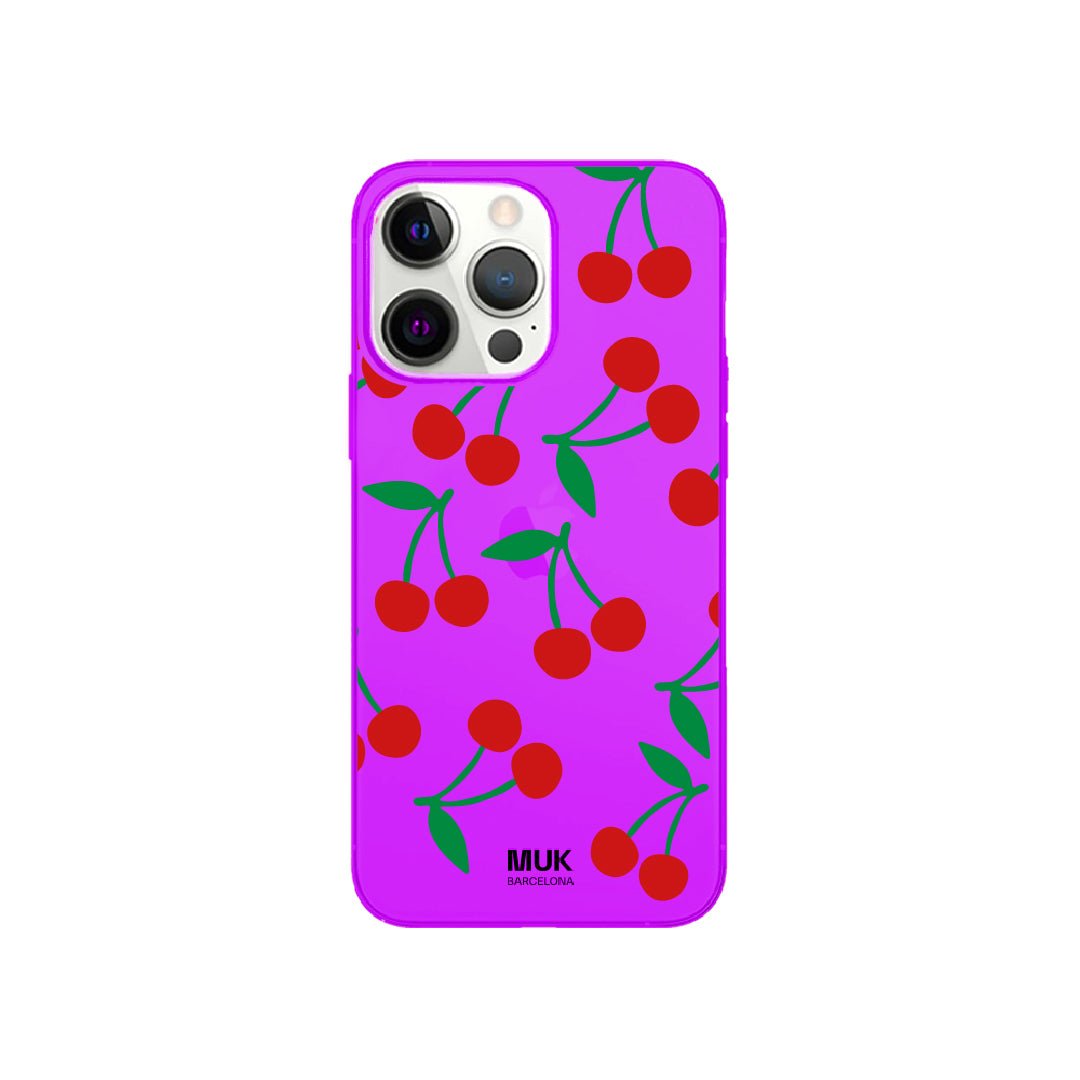Fluor purple phone case with cherry design
