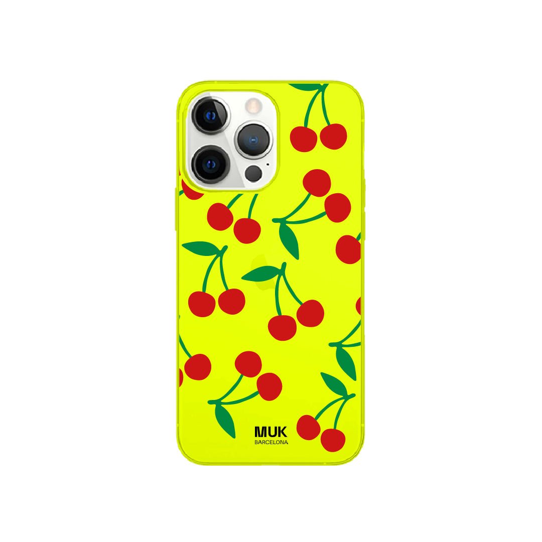 Yellow fluor phone case with cherry design
