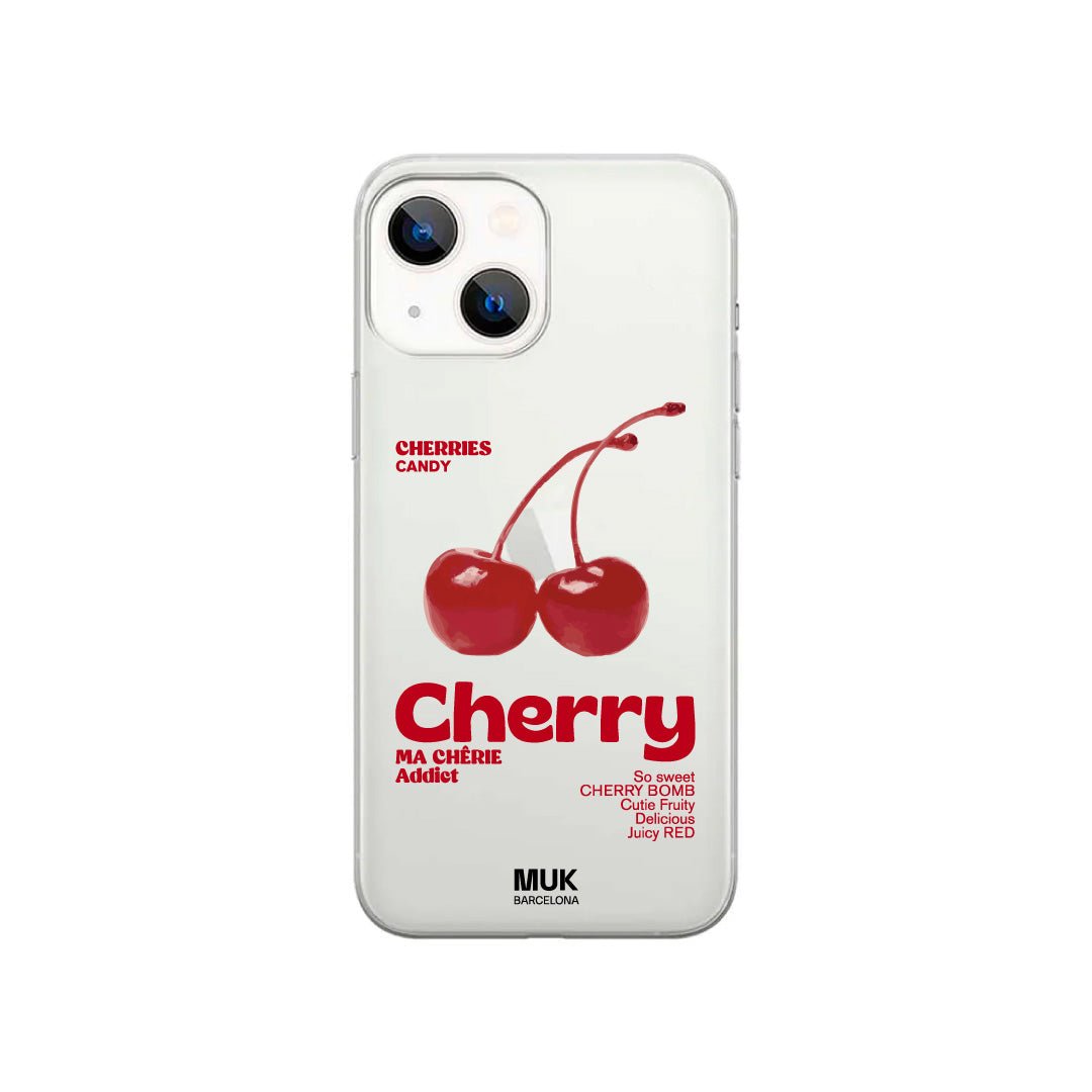 Clear phone case with a cherry design.
