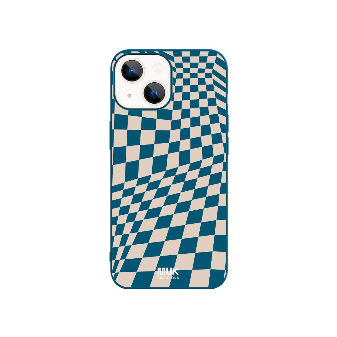 Blue TPU phone case with distorted checkered beige design
