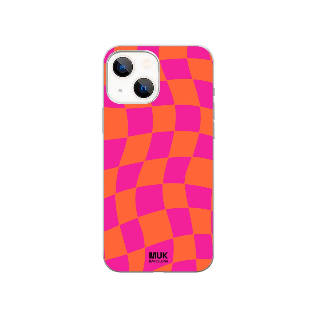 Funda de móvil transparente con cuadrados rosas y naranjas en movimiento.
