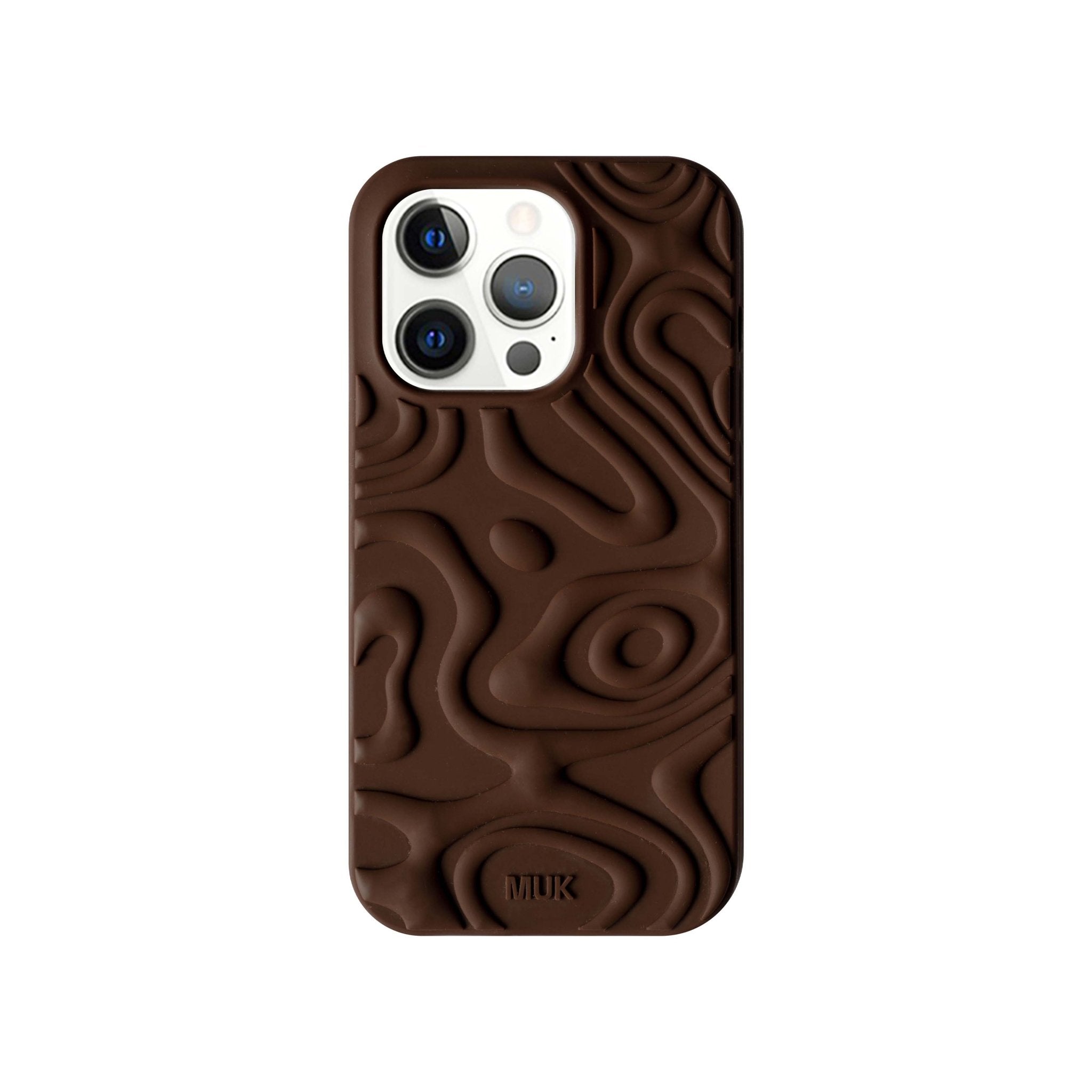 Chocolate brown silicone phone case with irregular embossed pattern.
