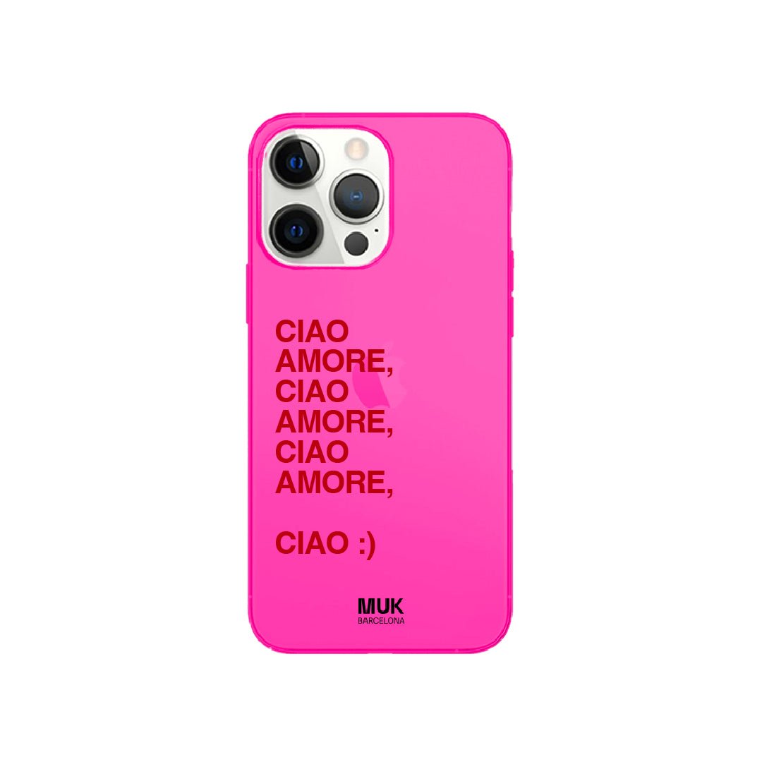 Fluor pink mobile phone case with Ciao Amore design
