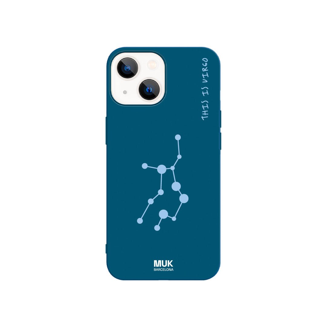 Blue TPU phone case with Virgo zodiac constellation design
