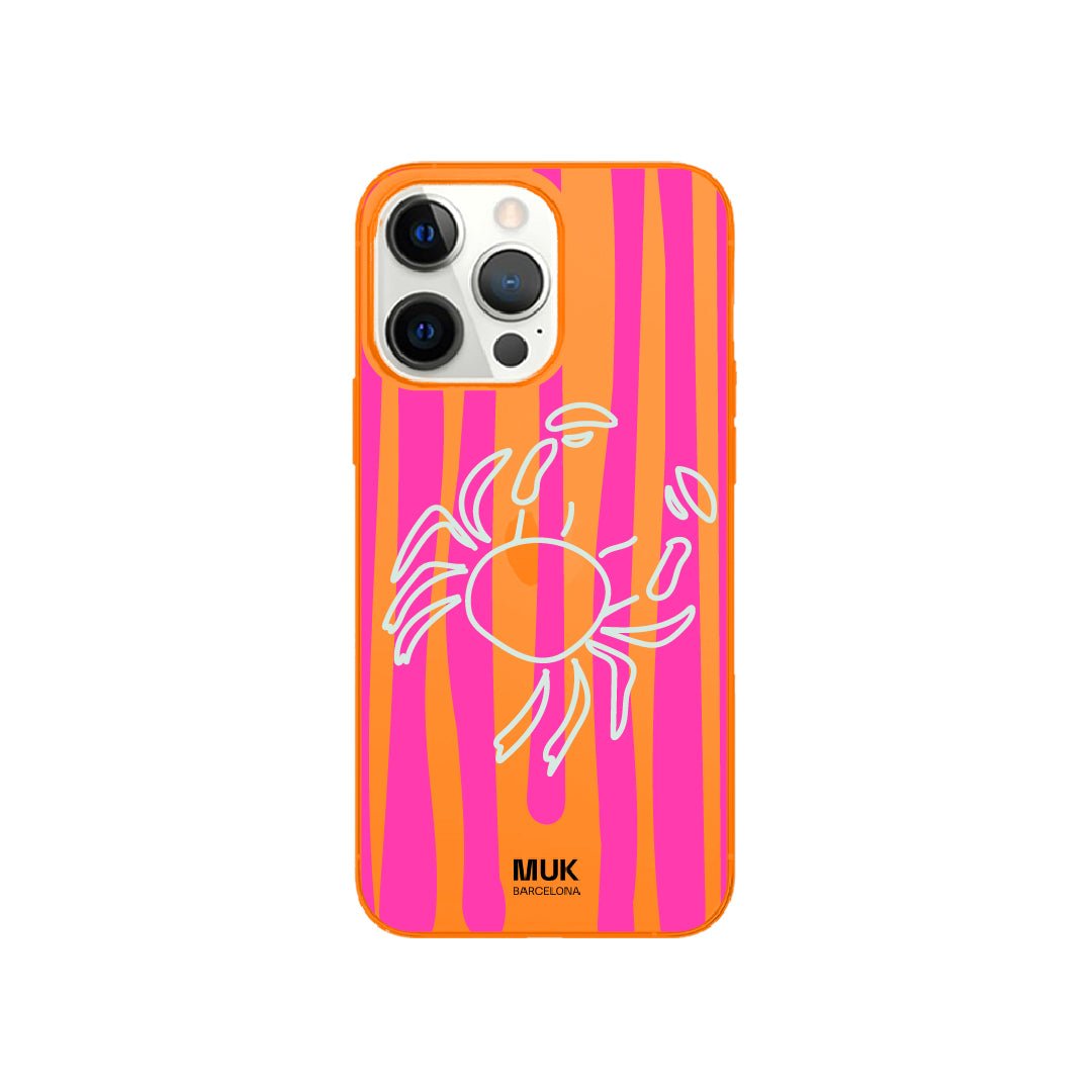 Orange fluor phone case with crab design
