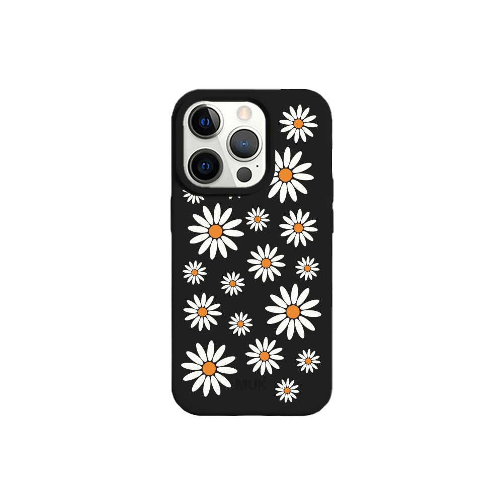 Funda de móvil TPU negra con diseño de margaritas
