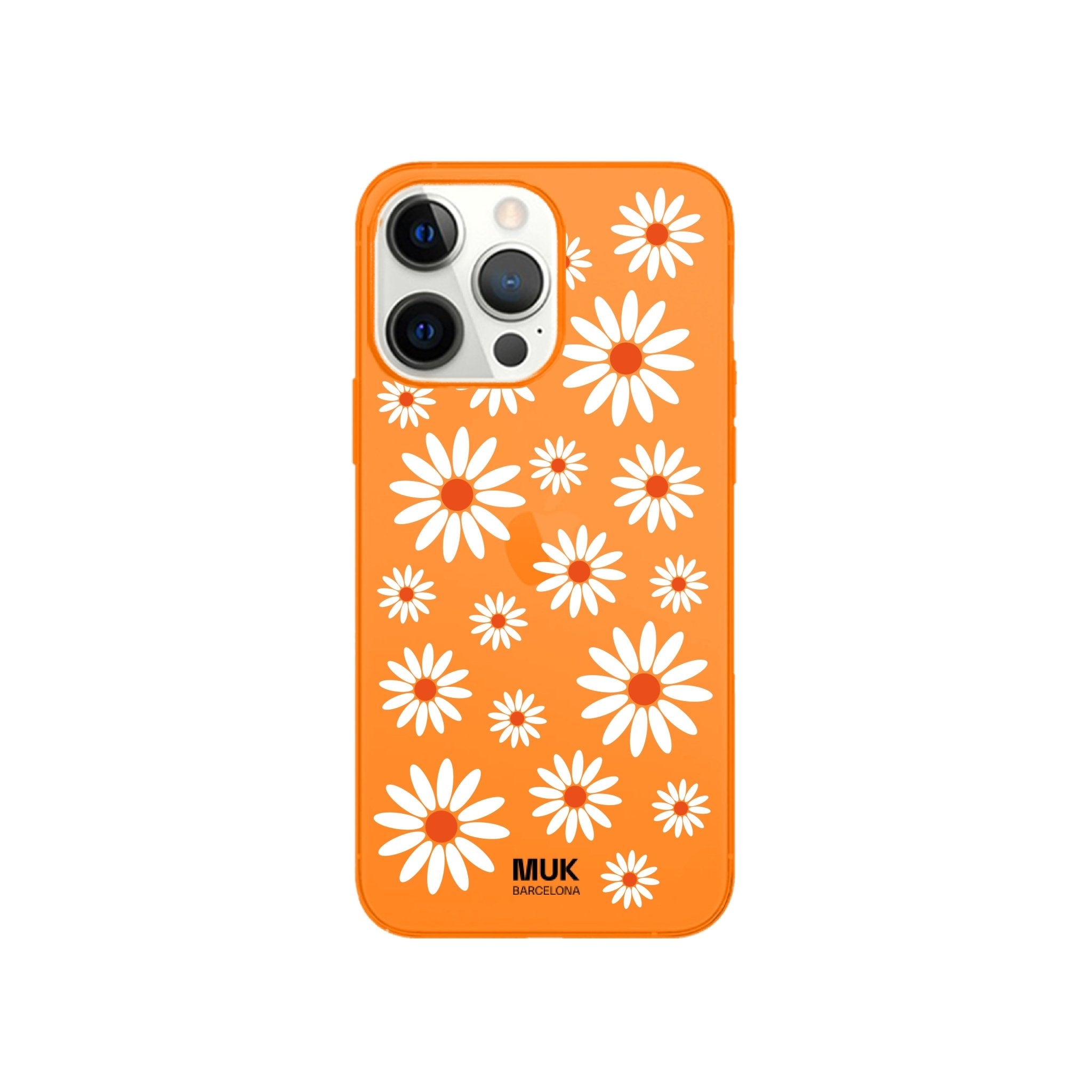 Fluor orange colored phone case with daisies design
