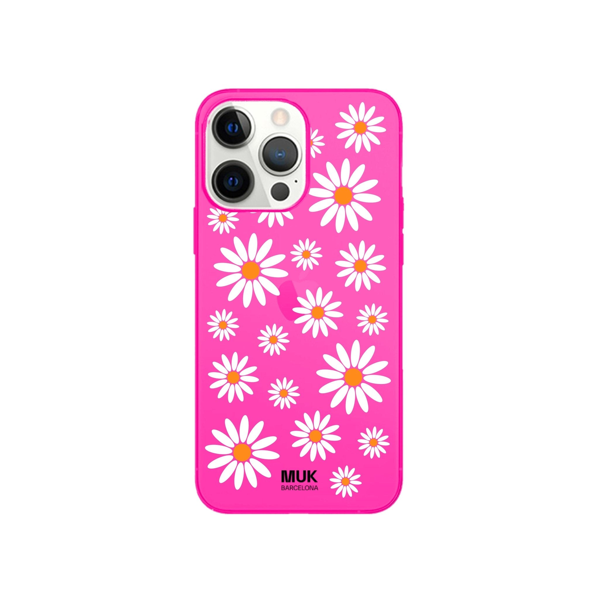 Fluor pink phone case with daisies design
