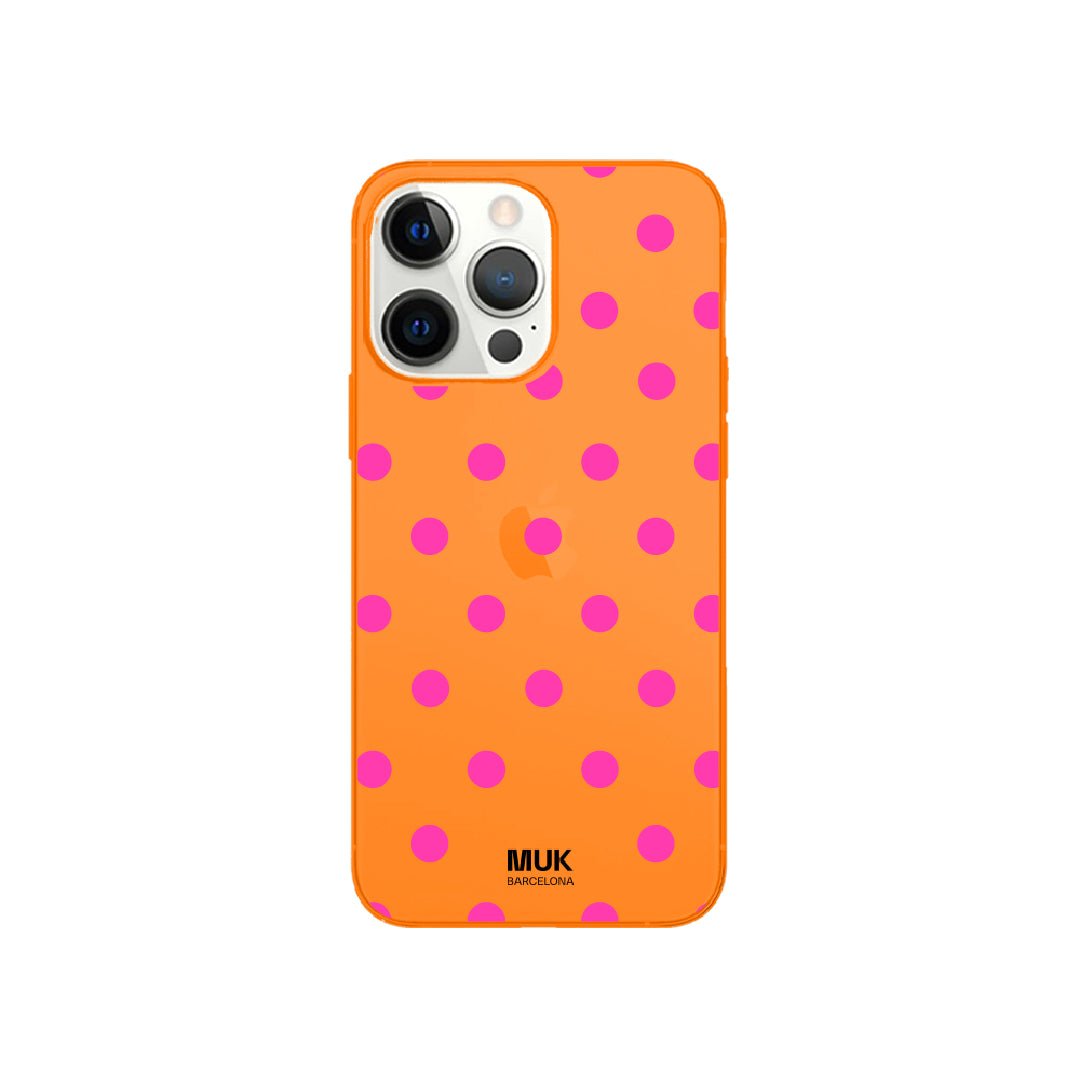 Funda de móvil color orange fluor con diseño de puntos rosas
