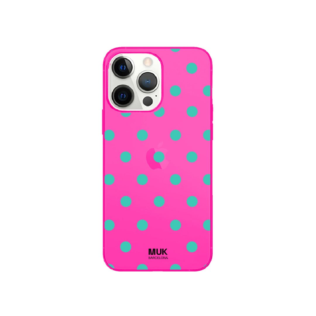 Funda de móvil color pink fluor con diseño de puntitos azul turquesa

