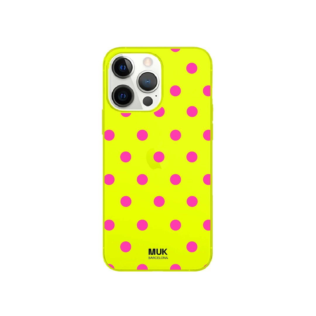 Funda de móvil color yellow fluor con diseño de puntitos rosas
