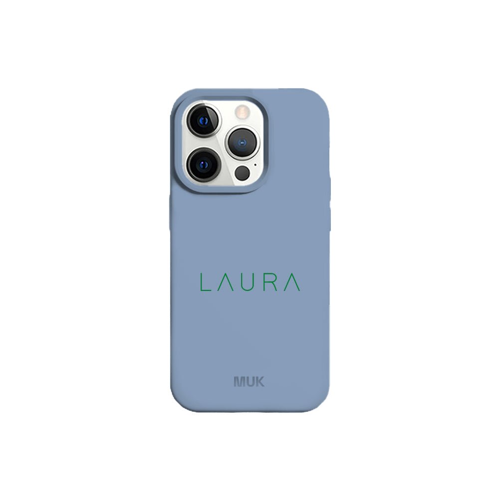 Blue TPU mobile phone case with personalized name design
