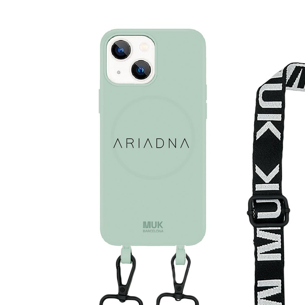   Phone Case compatible with MagSafe personalized name with fine font available in different colors on a lilac base.  Phone Cases with wireless charging (from iPhone12).
