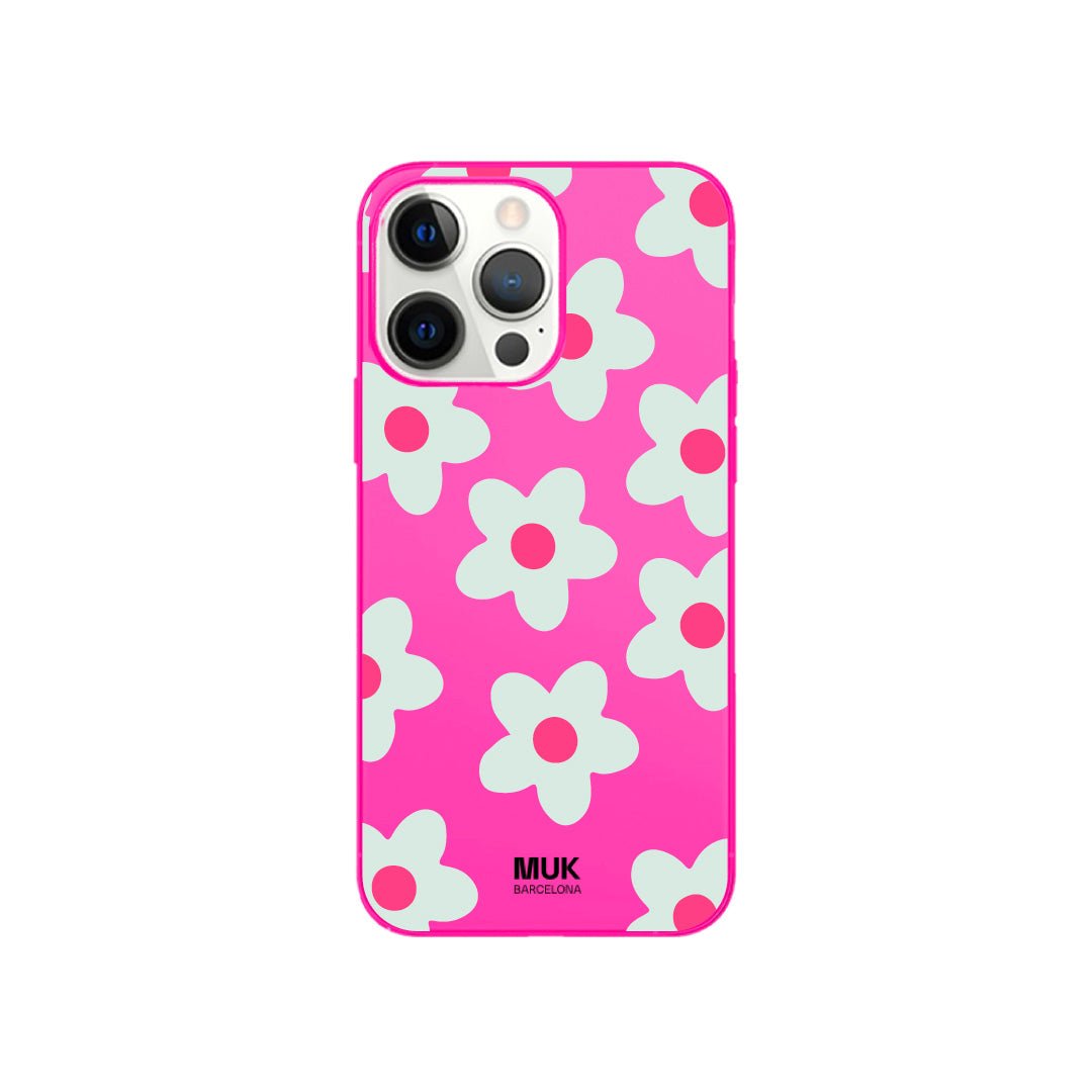 Funda de móvil color pink fluor con diseño de flores
