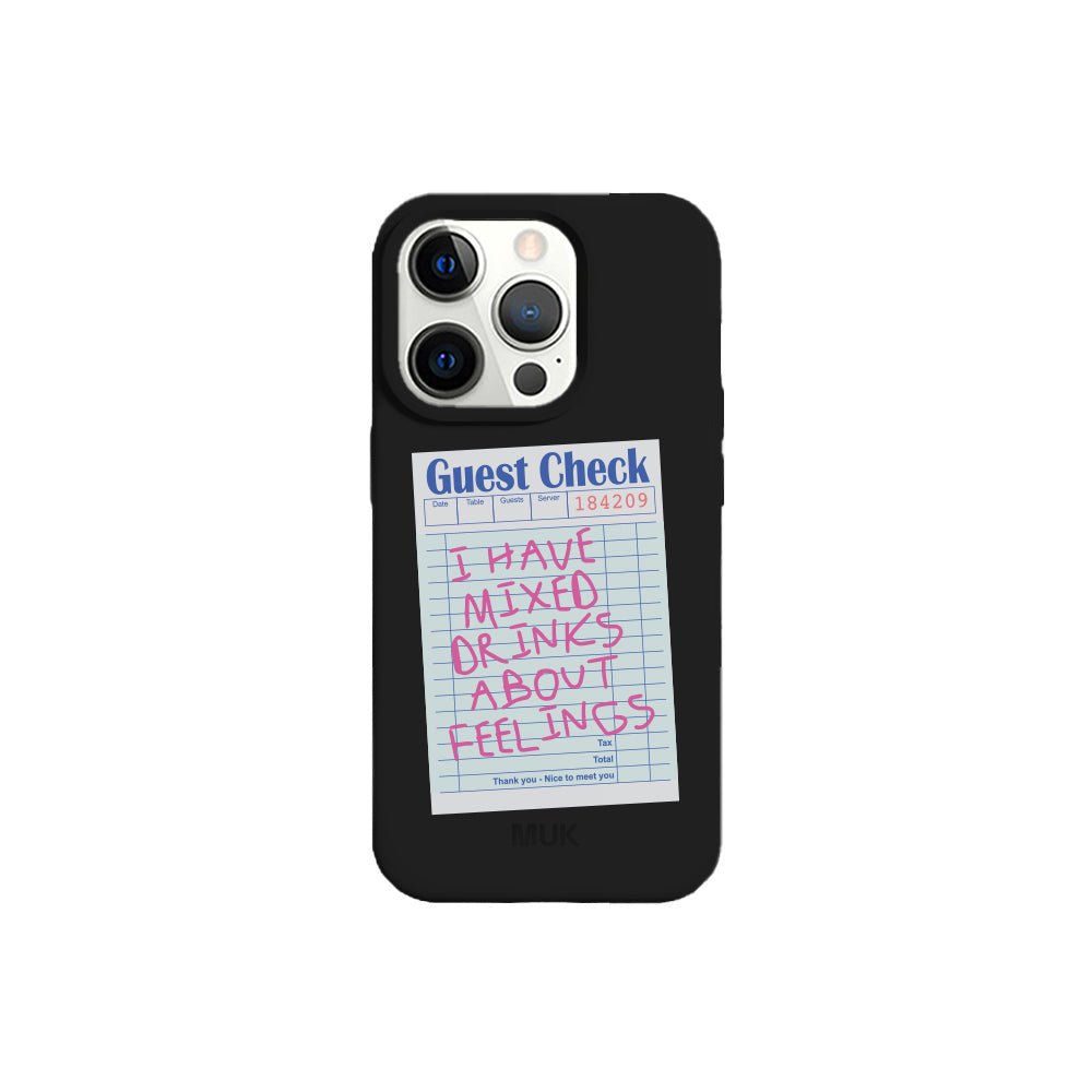 Black TPU mobile phone case with guest list design
