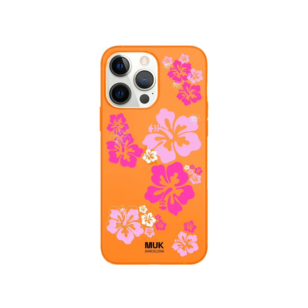 Funda de móvil color orange fluor con diseño de hawaii flores
