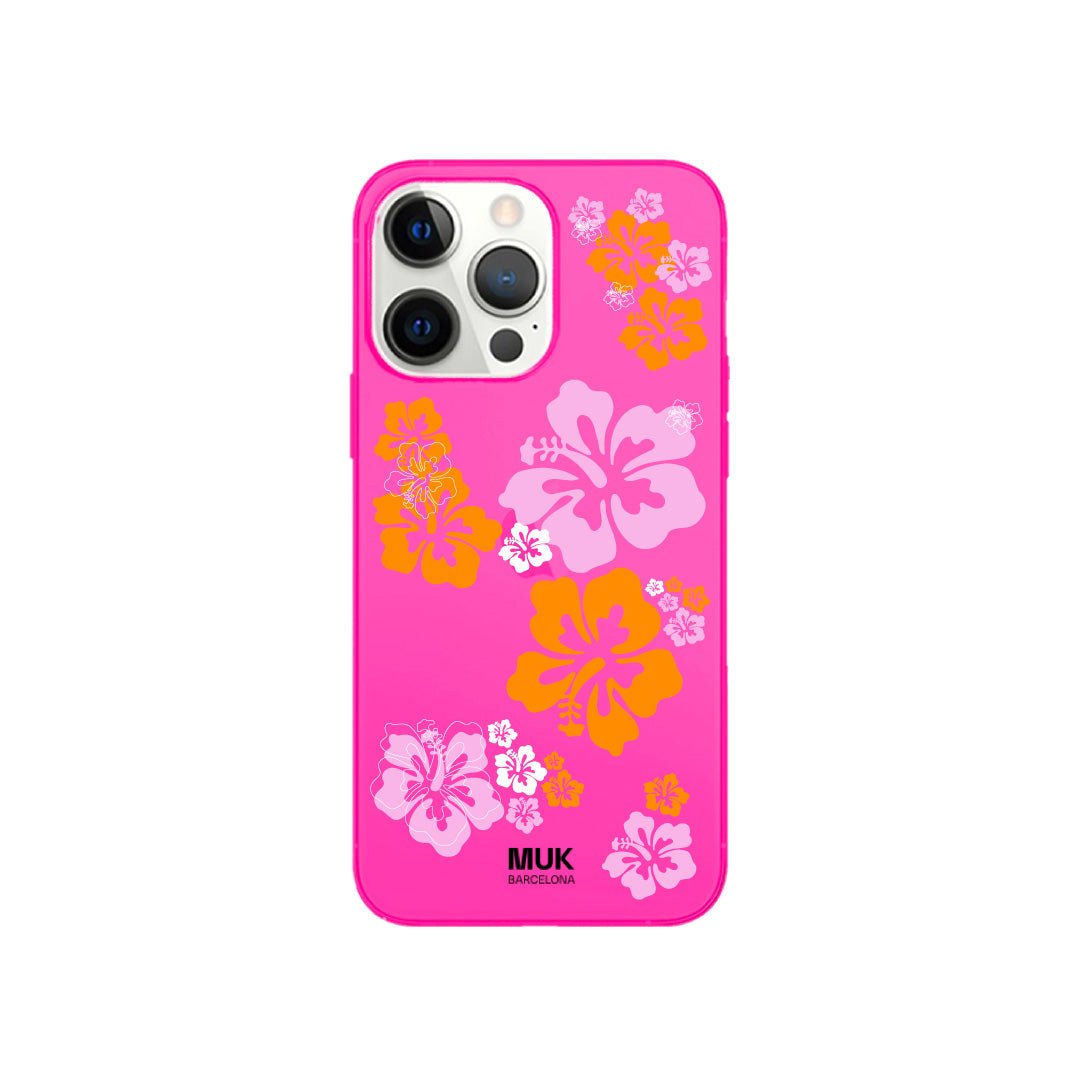 Funda de móvil color pink fluor con diseño de flores hawaii
