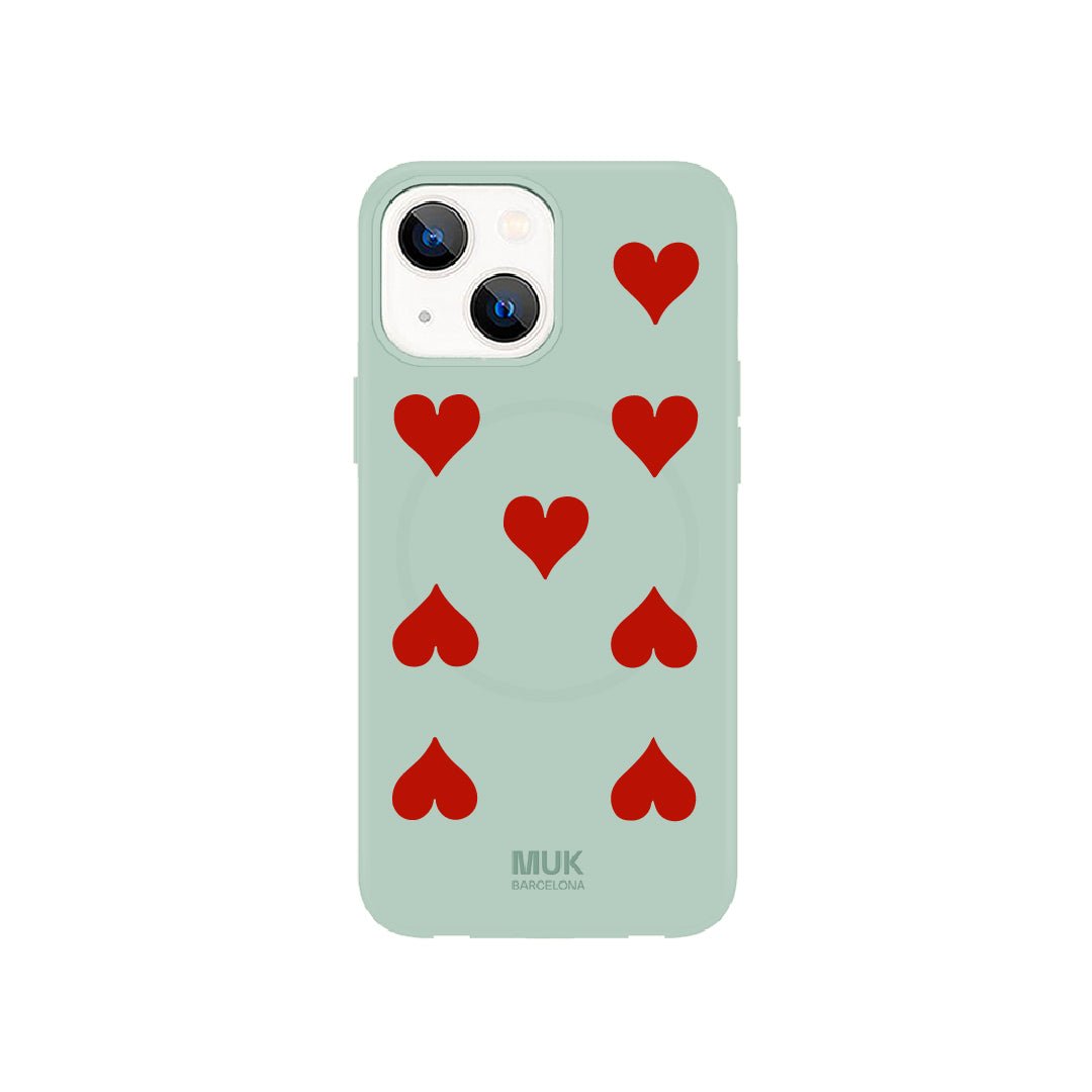 Funda de móvil compatible con MagSafe con estampado de corazones sobre base de color menta. Fundas de móvil con carga inalámbrica (a partir del iPhone12).
