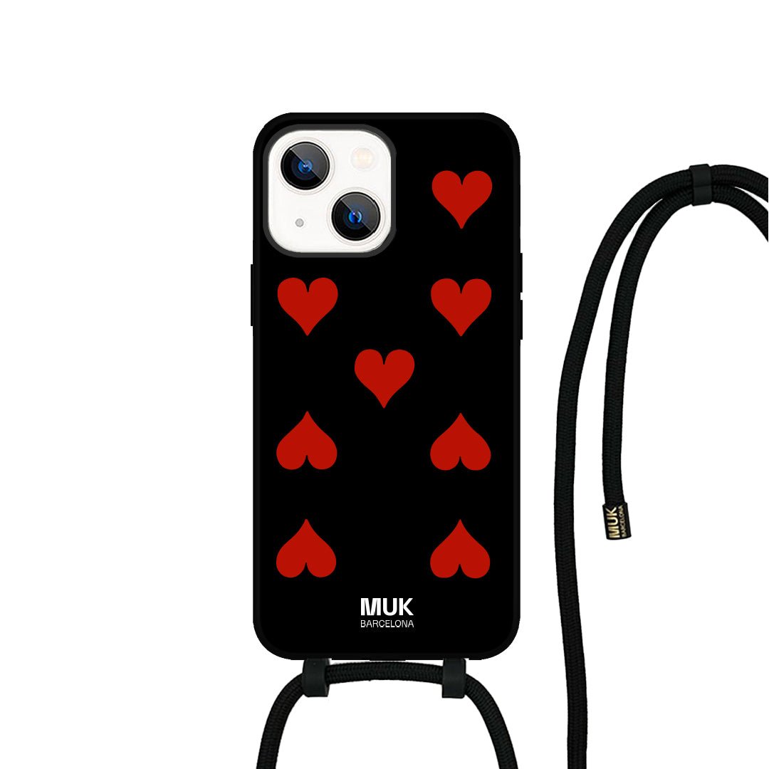 Funda de móvil compatible con MagSafe con estampado de corazones sobre base de color negro. Fundas de móvil con carga inalámbrica (a partir del iPhone12).
