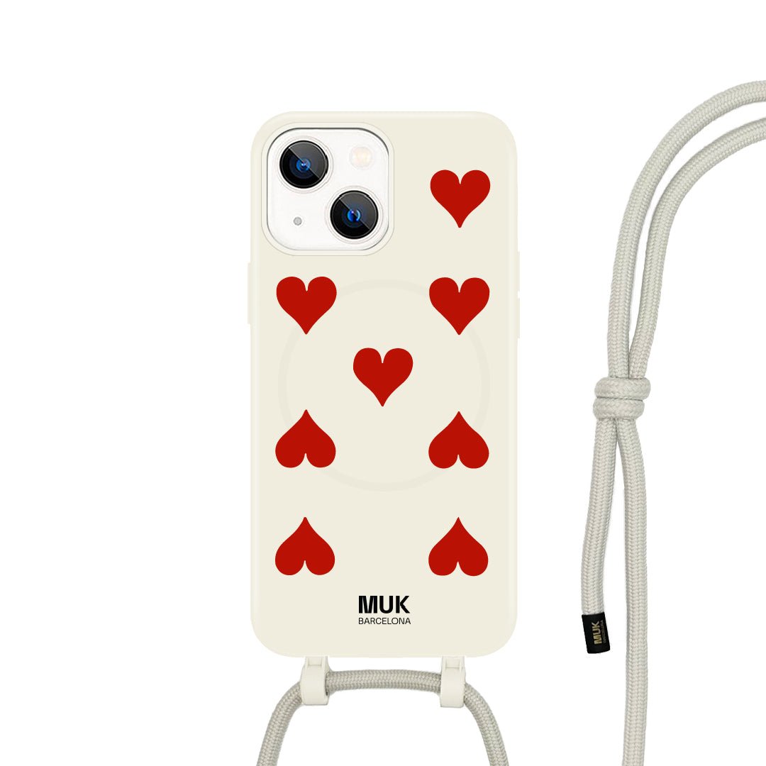 Funda de móvil compatible con MagSafe con estampado de corazones sobre base de color gris piedra. Fundas de móvil con carga inalámbrica (a partir del iPhone12).
