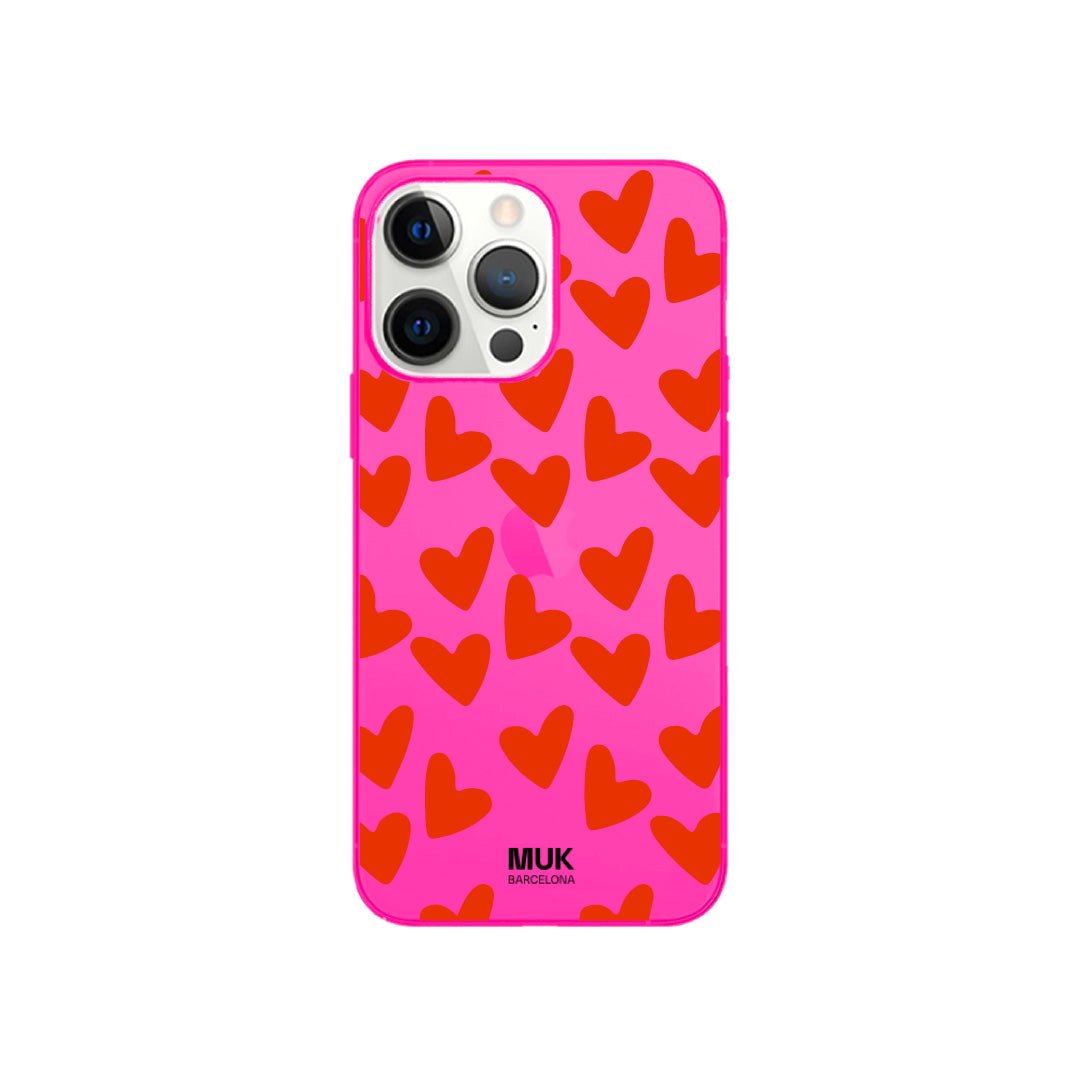 Funda de móvil color pink fluor con diseño de corazones
