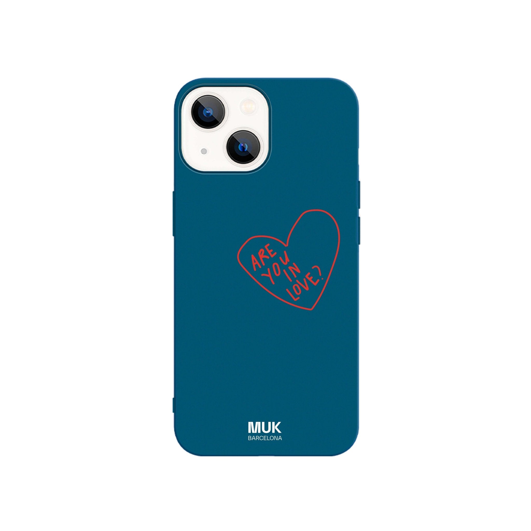 Blue TPU phone case with red heart and text "Are you in love?"
