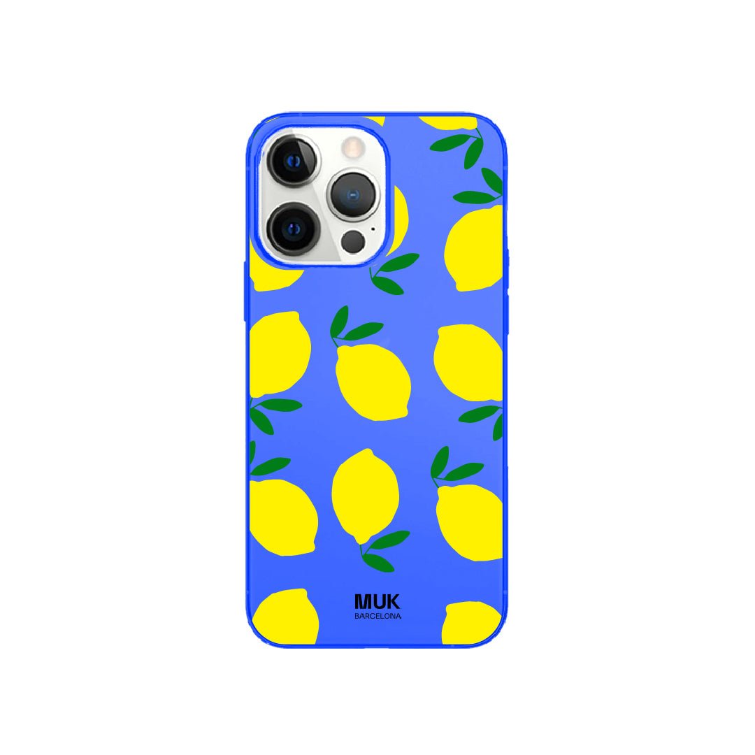 Blue fluor phone case with lemon design
