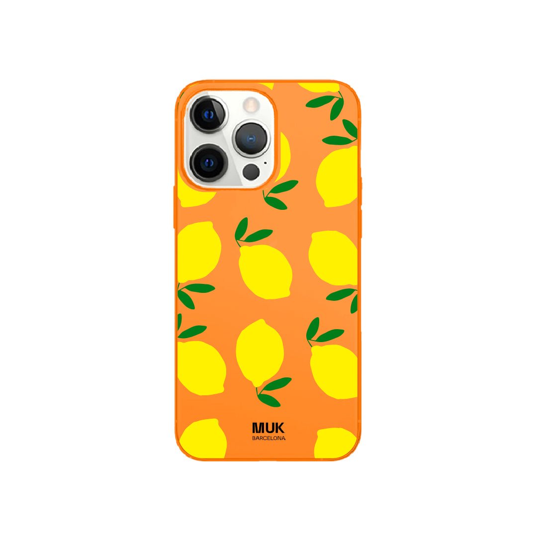Orange fluor phone case with lemons design 
