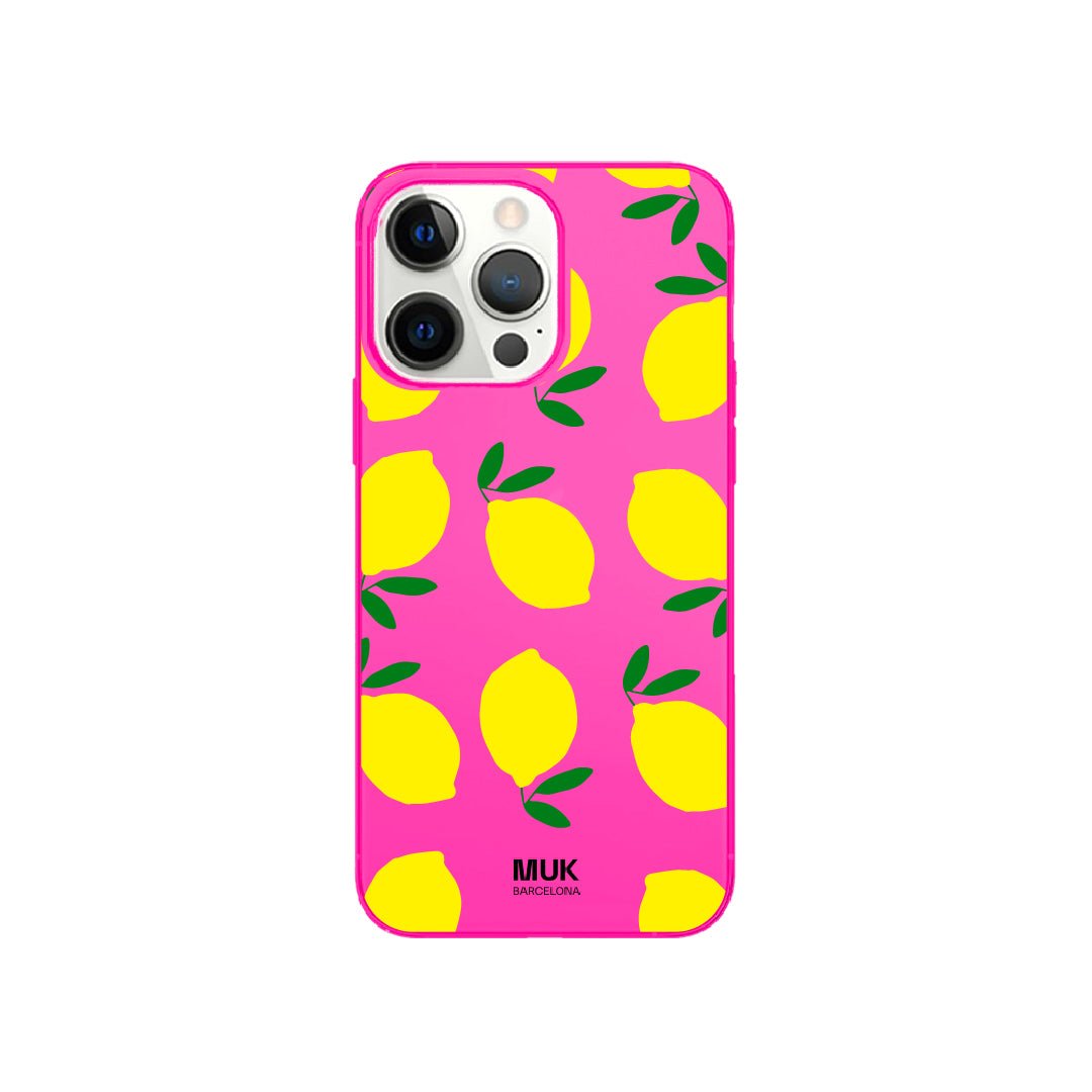 Funda de móvil color pink fluor con diseño de limones
