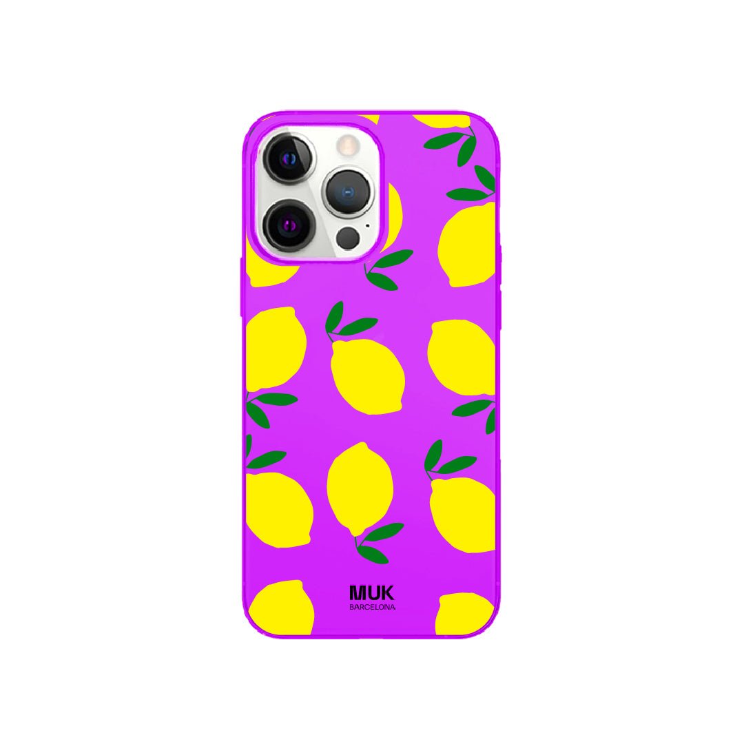 Purple fluor phone case with lemons design 
