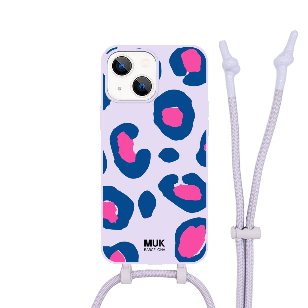 Funda de móvil compatible con MagSafe con estampado de leopardo sobre base de color lila. Fundas de móvil con carga inalámbrica (a partir del iPhone12).
