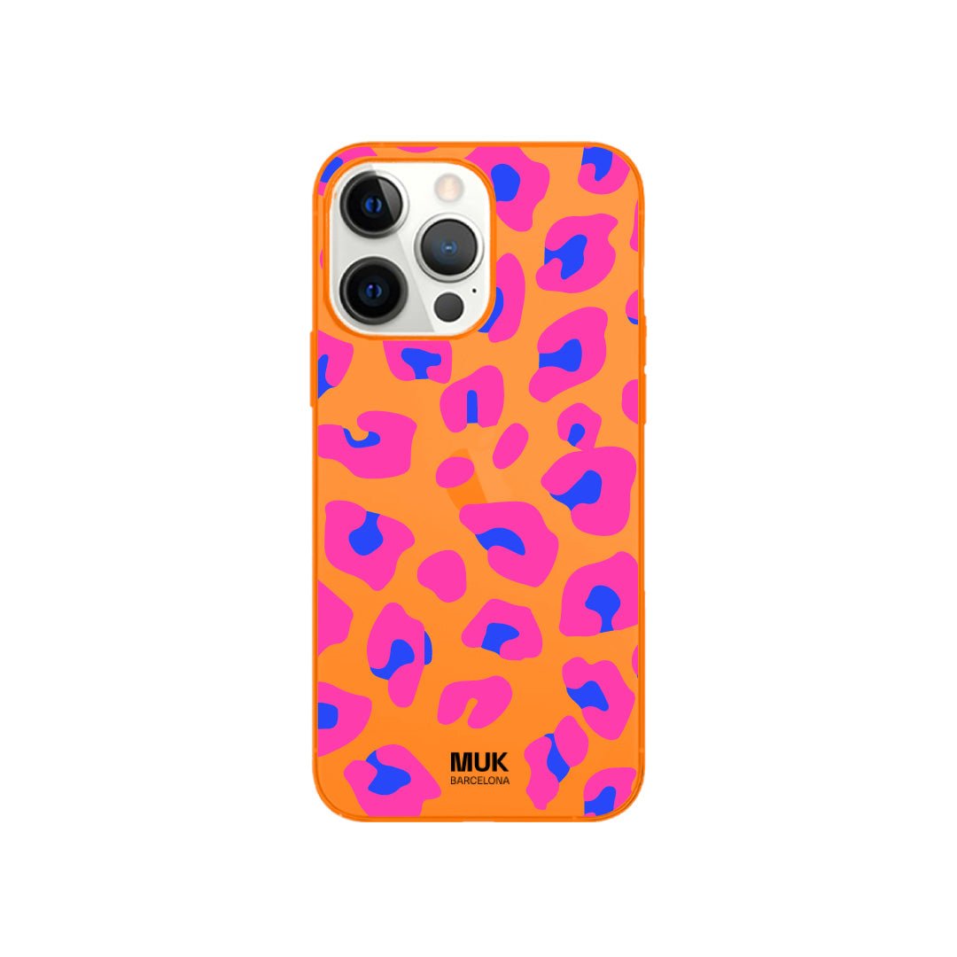 Funda de móvil color orange fluor con diseño de leopardo
