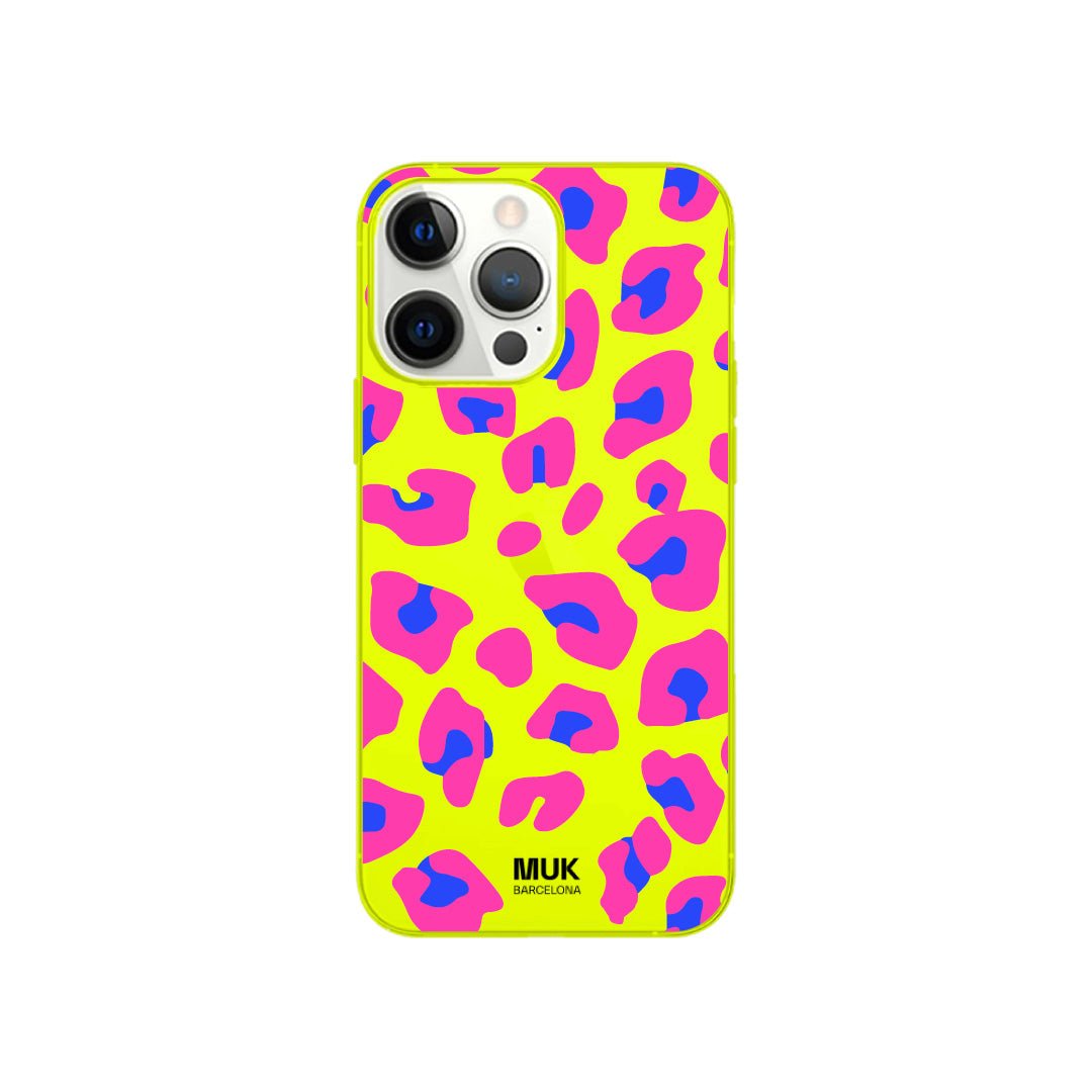 Funda de móvil color yellow fluor con diseño de leopardo
