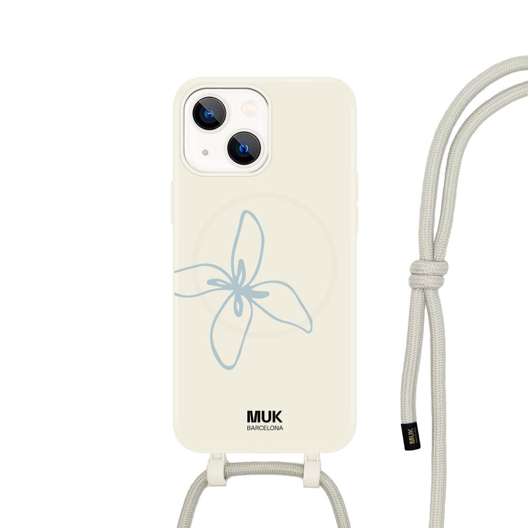 Funda de móvil compatible con MagSafe con diseño minimalista de una flor sobre base de color piedra. Fundas de móvil con carga inalámbrica (a partir del iPhone12).
