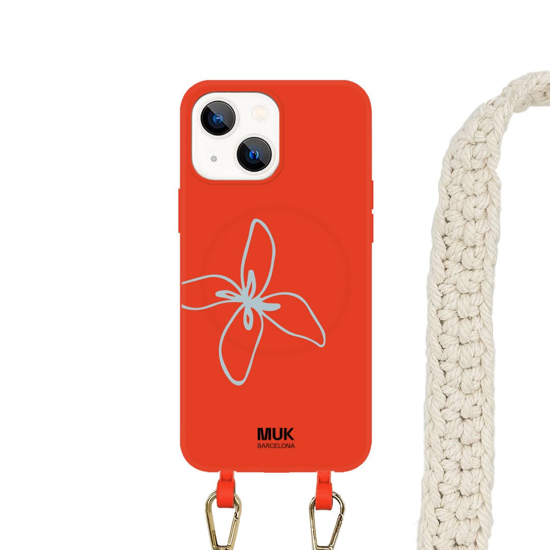 Funda de móvil compatible con MagSafe con diseño minimalista de una flor sobre base de color teja. Fundas de móvil con carga inalámbrica (a partir del iPhone12).
