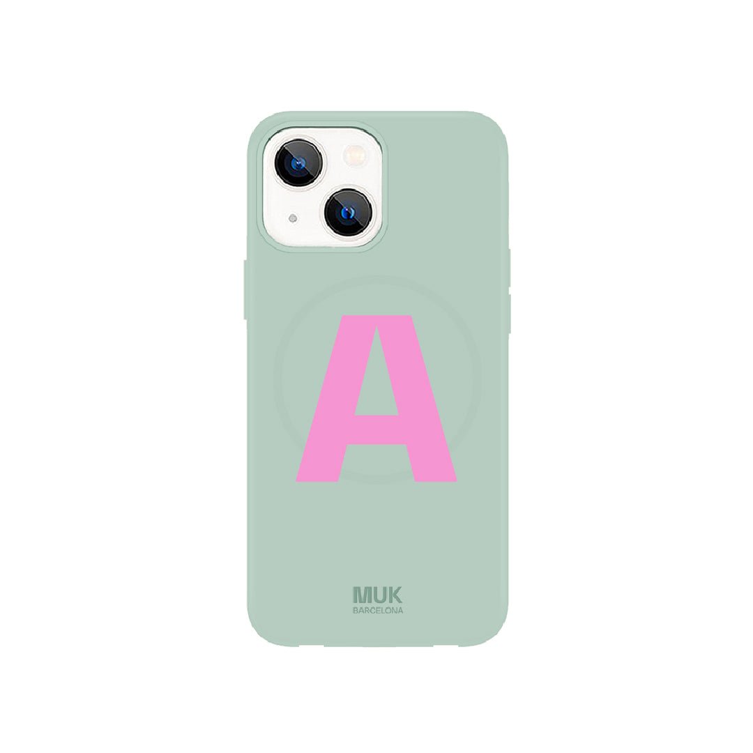   Phone Case compatible with Magsafe with personalized initial in different colors on a lilac base.  Phone Cases with wireless charging (from iPhone12).
