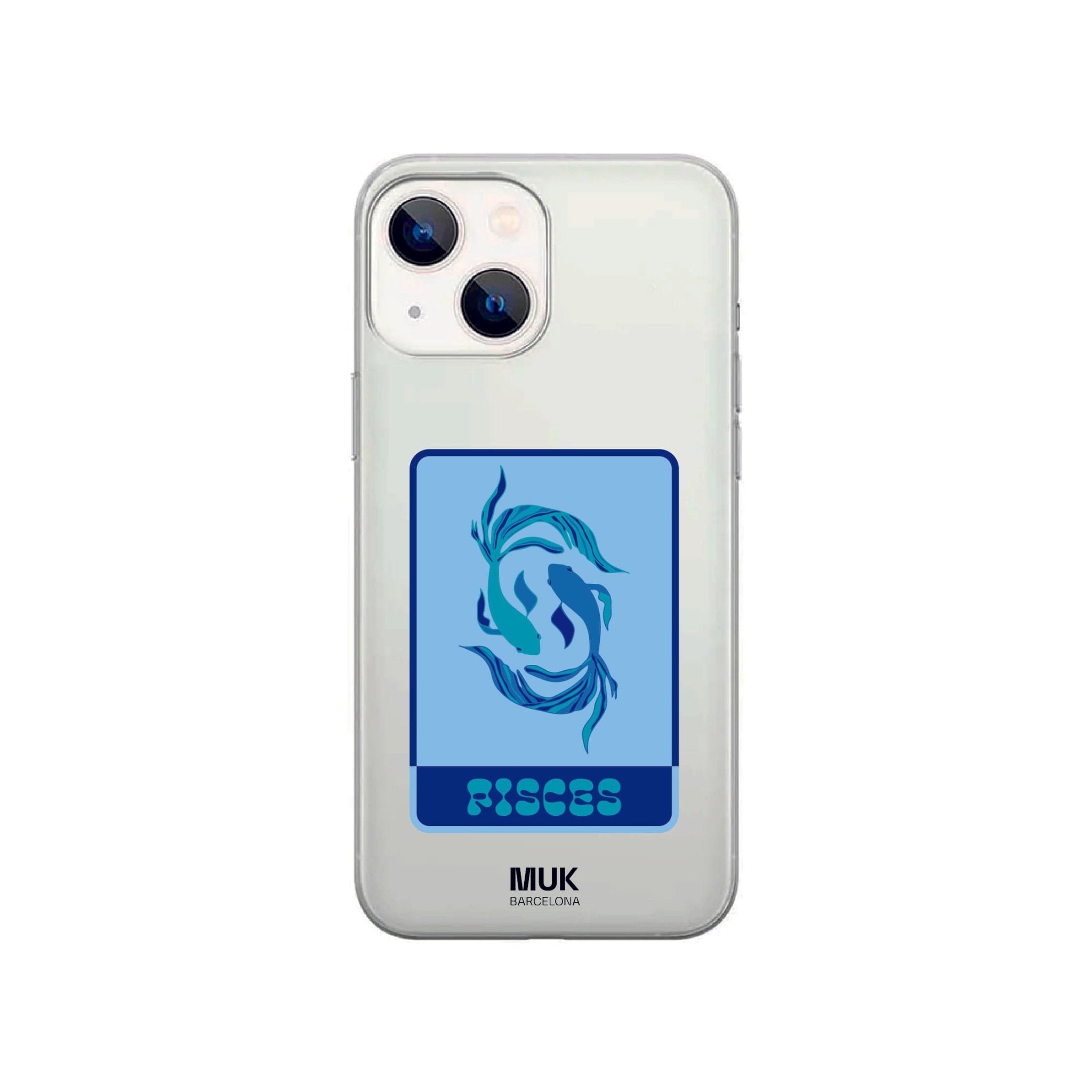Clear phone case with the Pisces zodiac sign in different shades of blue.
