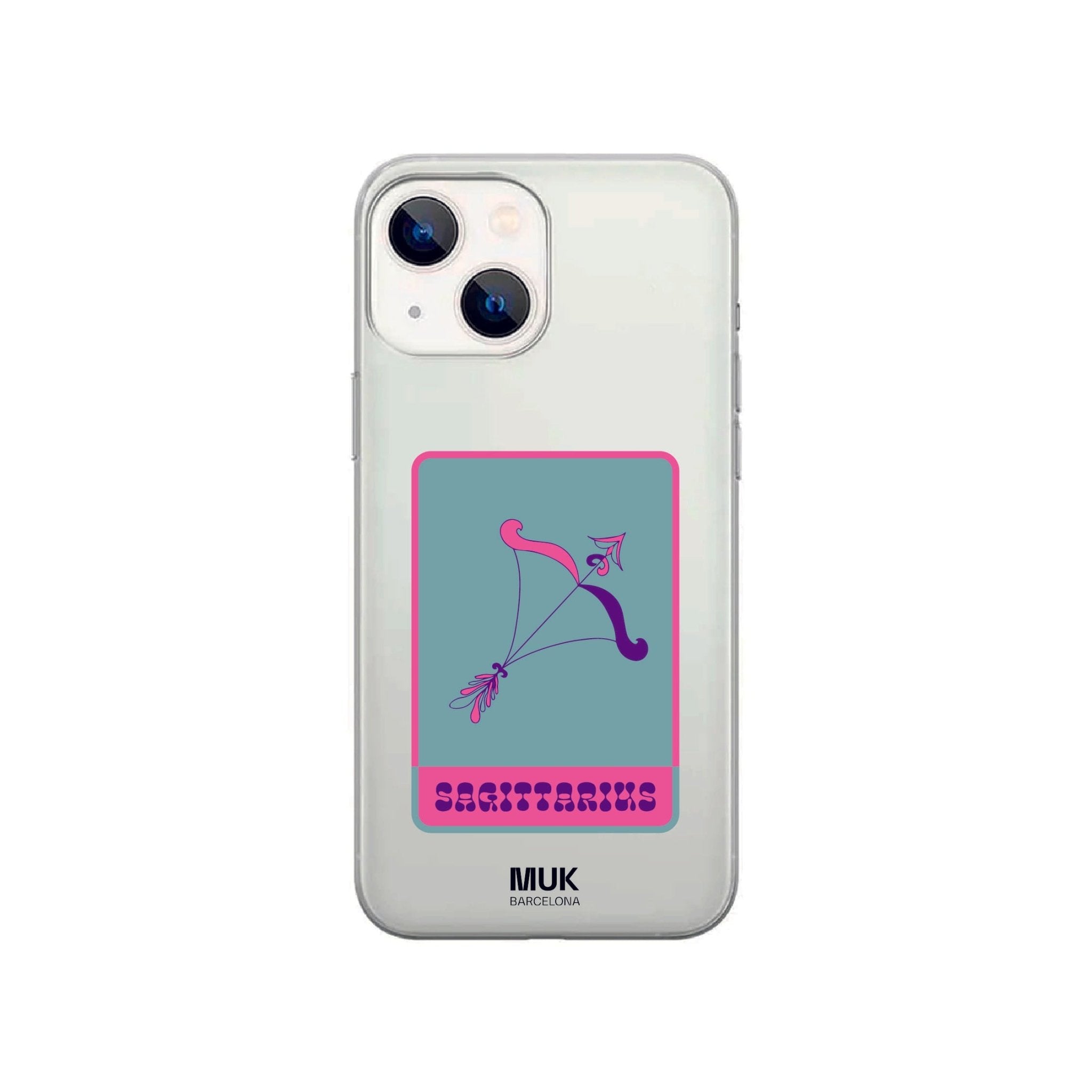 Clear phone case with the Sagittarius zodiac sign in blue, pink and lilac.

