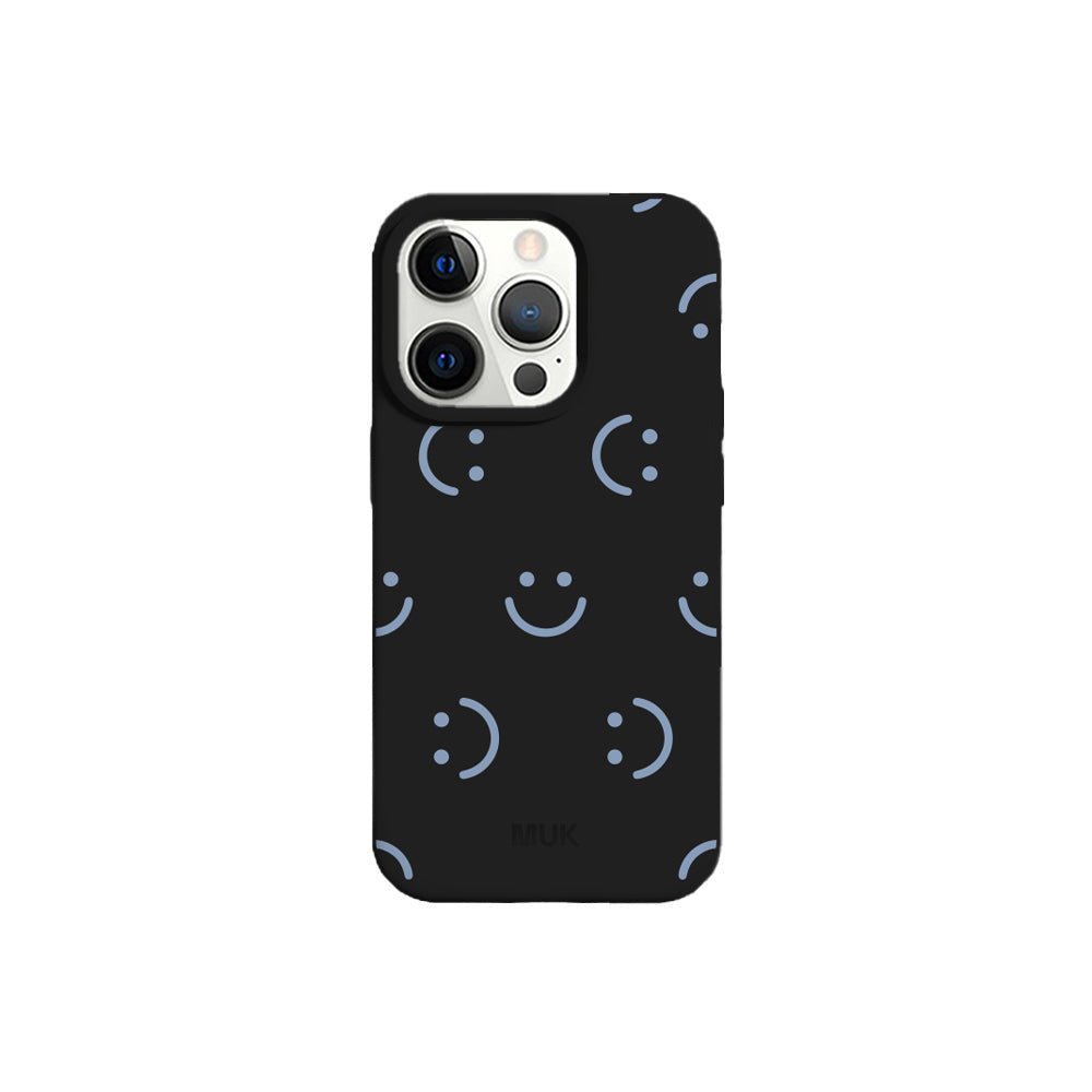 Black TPU phone case with happy face design
