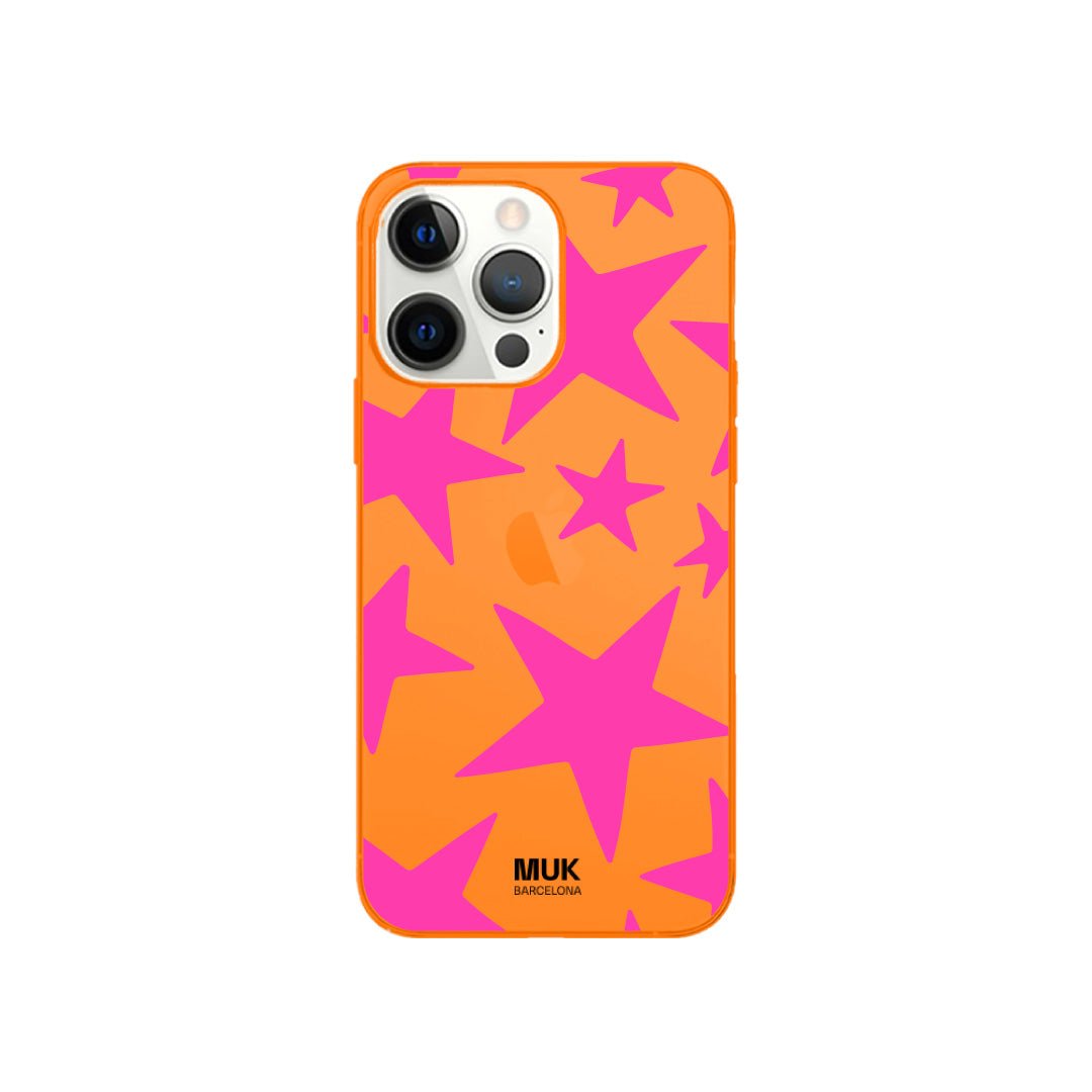 Funda de móvil color orange fluor con diseño de estrellas
