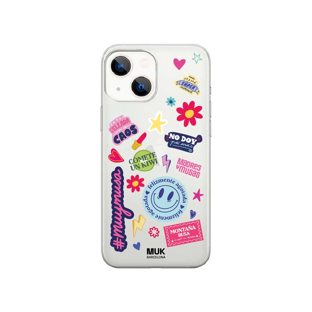 Funda de móvil transparente con stickers de la Colaboración con Madres y Musas

