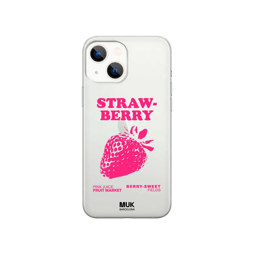 Clear phone case with a strawberry design.

