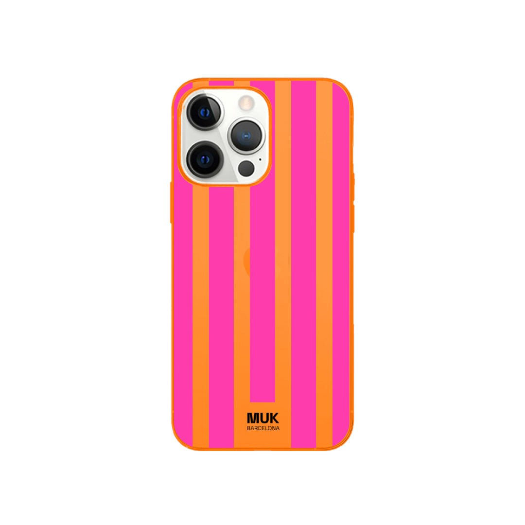 Funda de móvil color orange fluor con diseño de rayas

