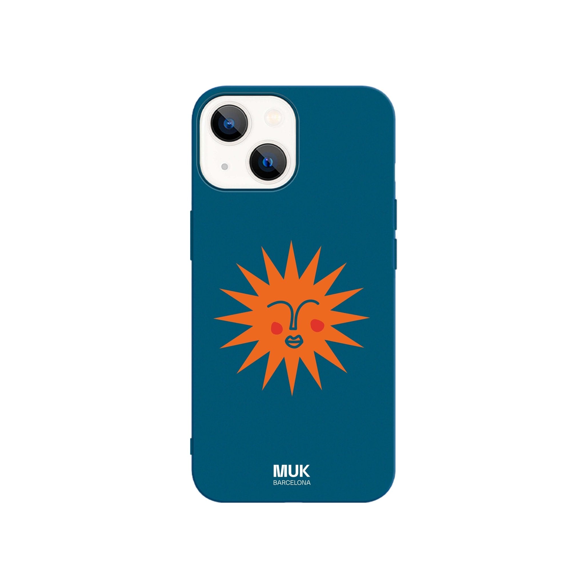 Funda de móvil TPU azul con diseño de sol en color naranja.
