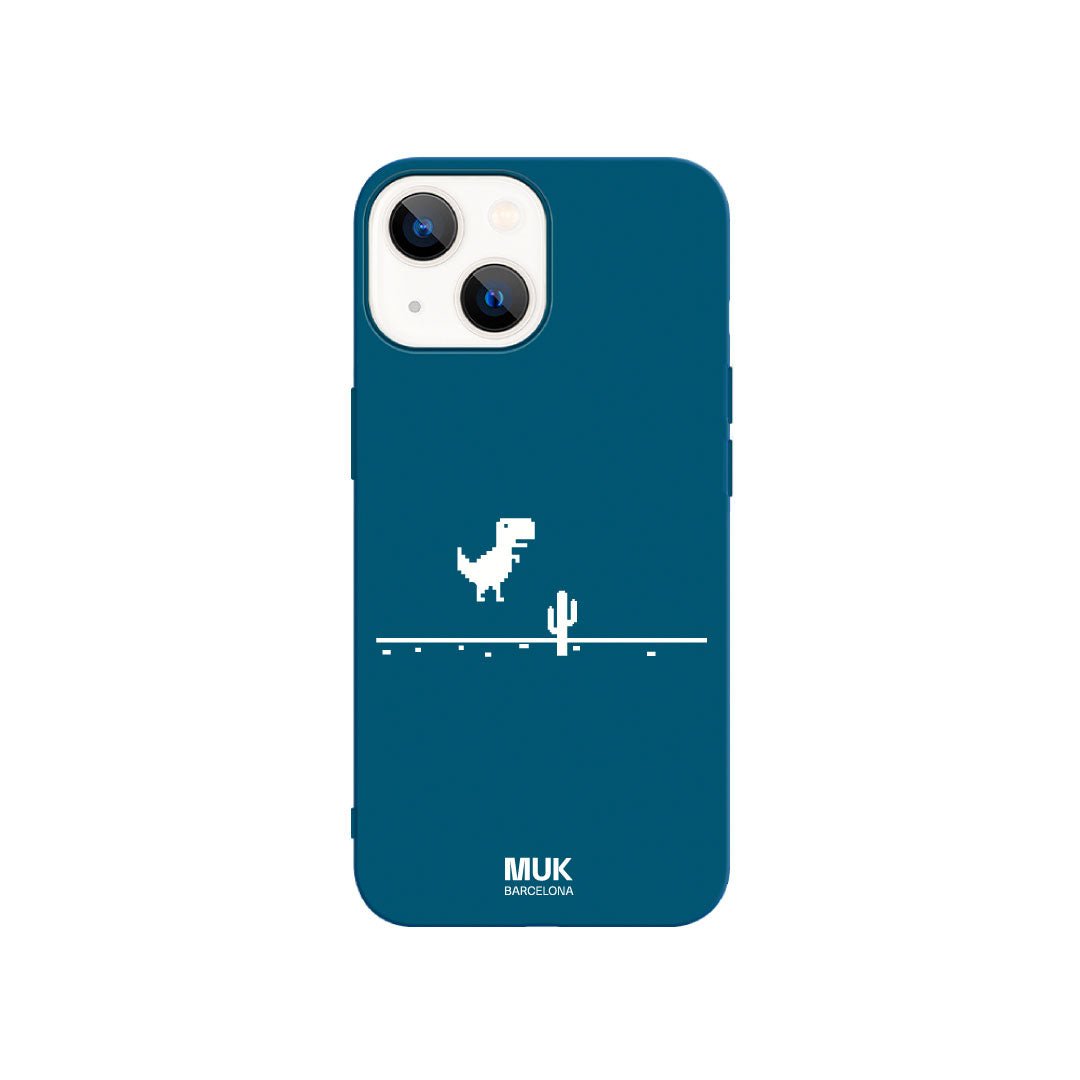Blue TPU phone case with T-REX game design in white color.
