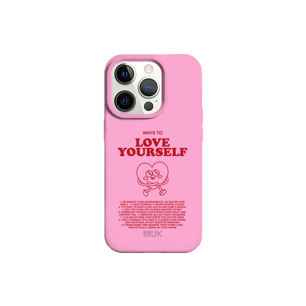 Funda de móvil TPU rosa con diseño de "Love Yourself"
