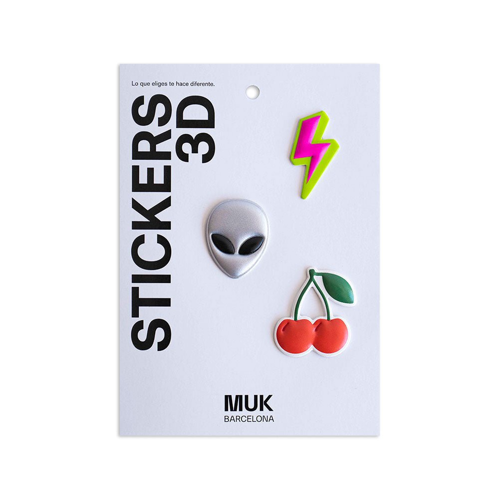 Pack de 3 stickers 3D con relieve con adhesivo 3M, alien, cherry, thunder.
