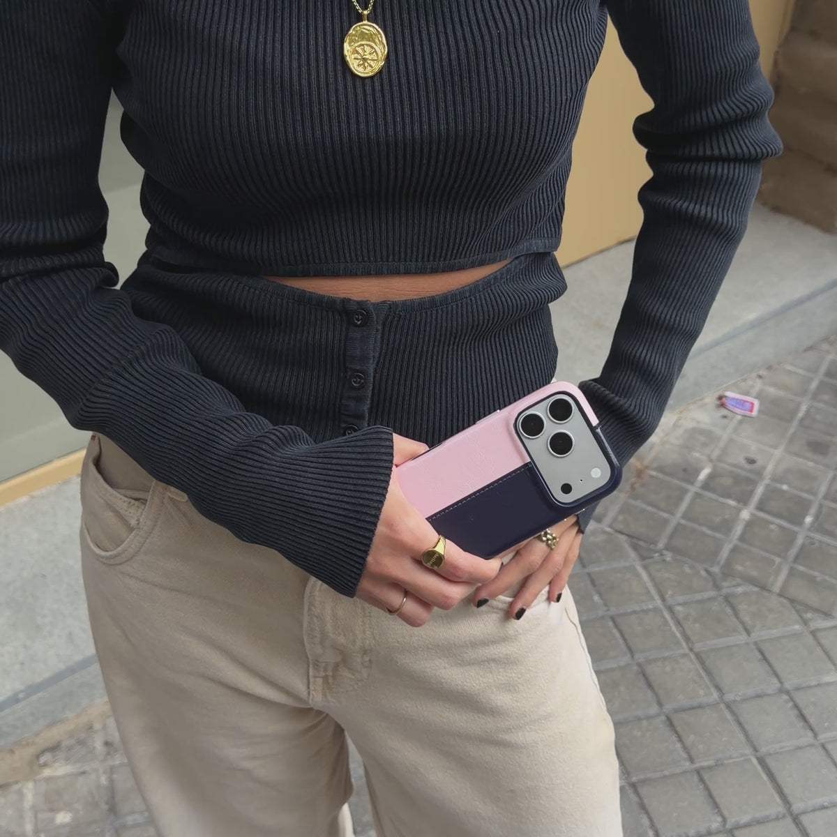Leather Half Pink / Dark Blue Phone Case