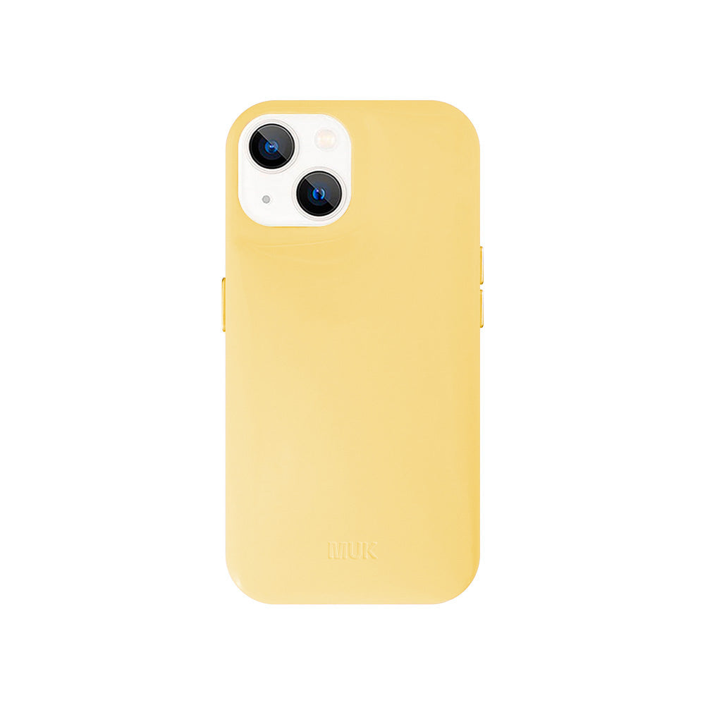 Funda de móvil Puffy de Charol brillante color amarillo con logo gravado.
