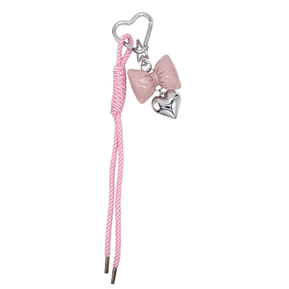 Charm with pink and white laces with metallic star and pink bow. 
*Includes universal adapter to hang on the phone.
